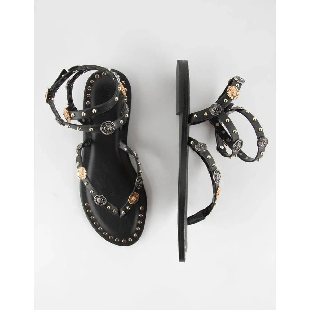 Steve Madden Recent Black Studded Gladiator Sandals Mixed Metal Boho Flat 9.5M